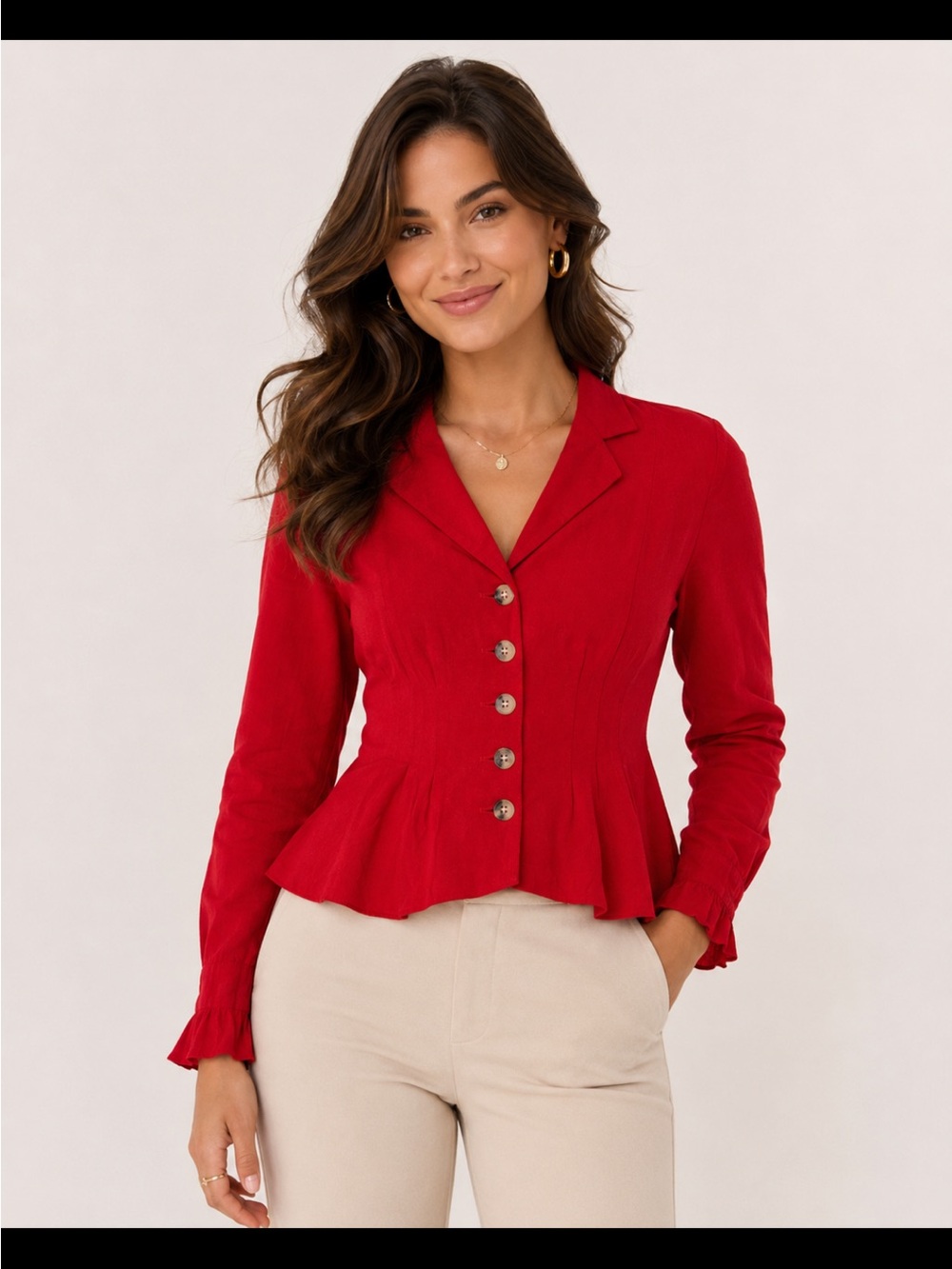 Anthropologie Red Peplum Button-Down Shirt Size 10